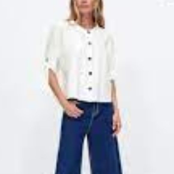 Zara Women's Blouse Small Peasant Button Down White with tie sleeves NEW - Picture 5 of 5
